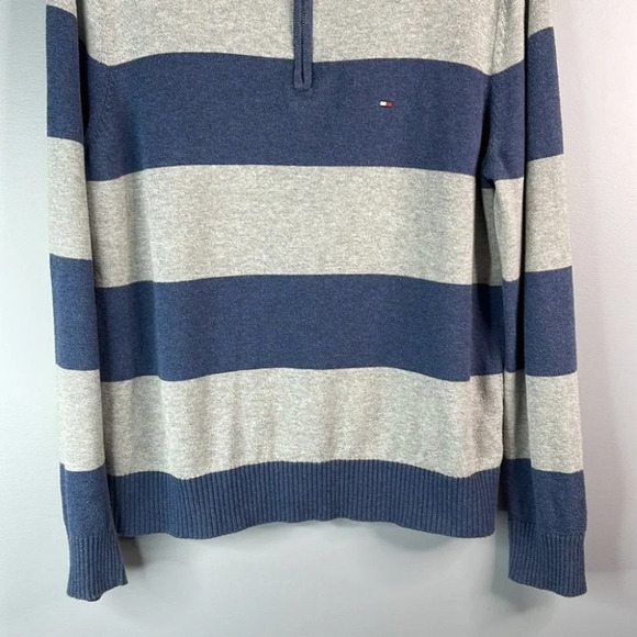 TOMMY HILFIGER Mens Striped Half Zip Sweater Steel Blue Grey Logo Preppy Size M - Picture 4 of 12